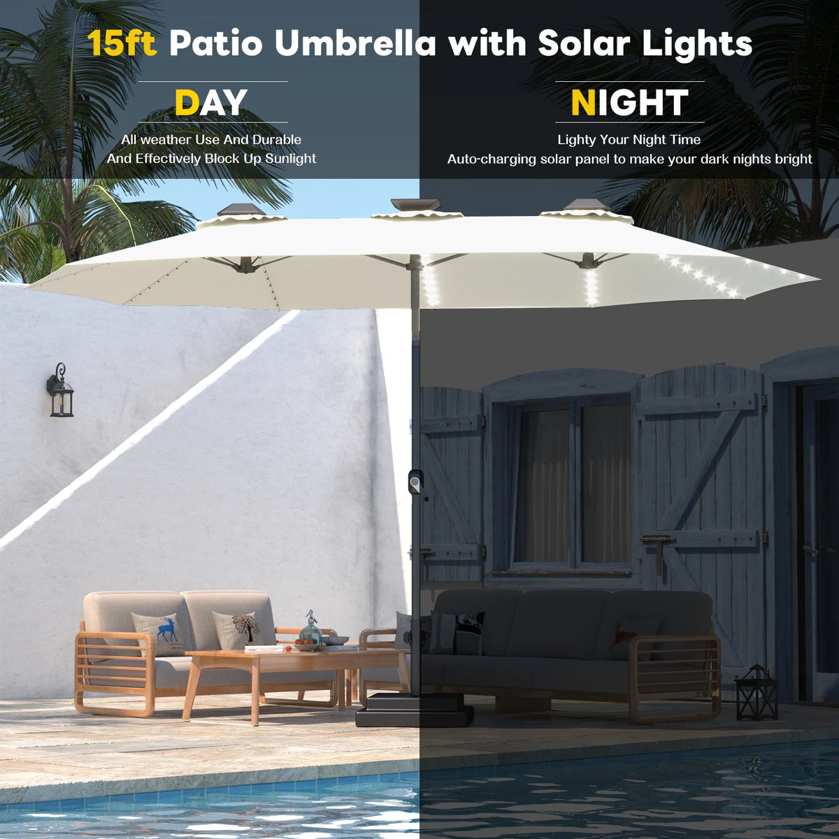 AECOJOY 15ft Patio Double-Sided Umbrella, 156 PCS Solar LED Light Outdoor Large Umbrella, Ivory - Product image 6
