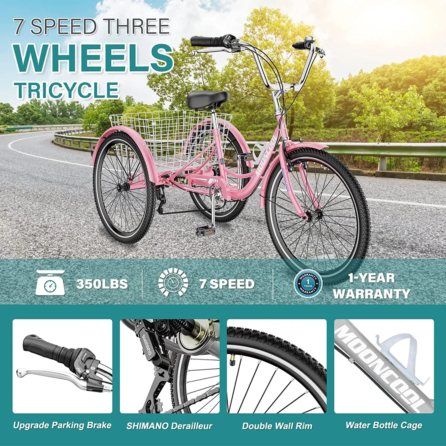 MOONCOOL Adult Tricycles with Rear Basket & Inflator, 24 26 in 7 Speed 3 Wheel Bikes, Three - Wheeled Bicycles Adult Trike with Backrest for Seniors, Women, Men