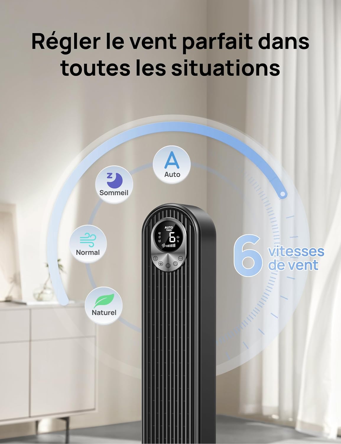 Dreo Quiet Tower Fan, Powerful Speed ​​7.92 m/s, 106cm Tower Fans with Remote Control, 6 Speeds, 4 Modes, 12H Timer, 90° Oscillating for Large Bedroom
