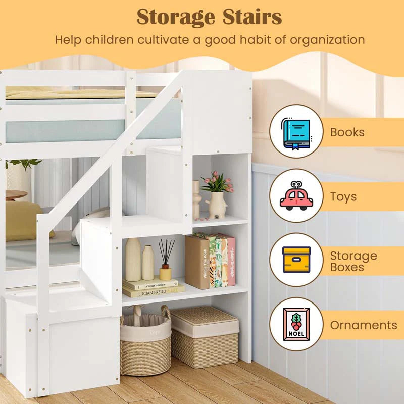 Twin Over Twin Bunk Bed with Storage Stairs, Solid Wood Floor Bunk Bed with Full-Length Guardrails - Product image 6
