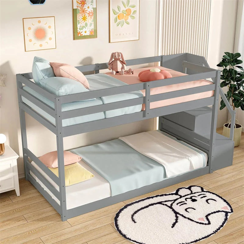 Twin Over Twin Bunk Bed with Storage Stairs, Solid Wood Floor Bunk Bed with Full-Length Guardrails - Product image 13