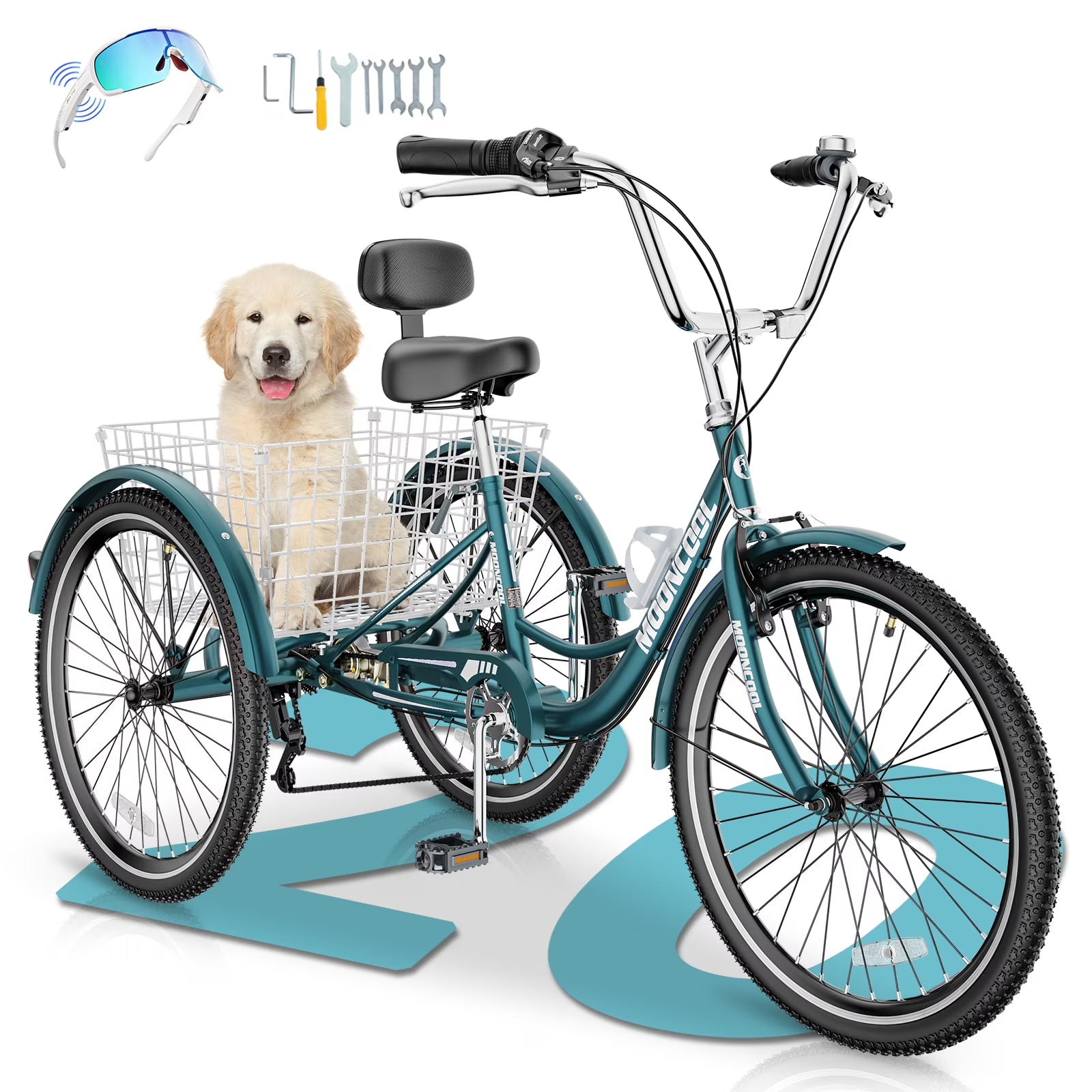 MOONCOOL Adult Tricycles with Rear Basket & Inflator, 24 26 in 7 Speed 3 Wheel Bikes, Three - Wheeled Bicycles Adult Trike with Backrest for Seniors, Women, Men