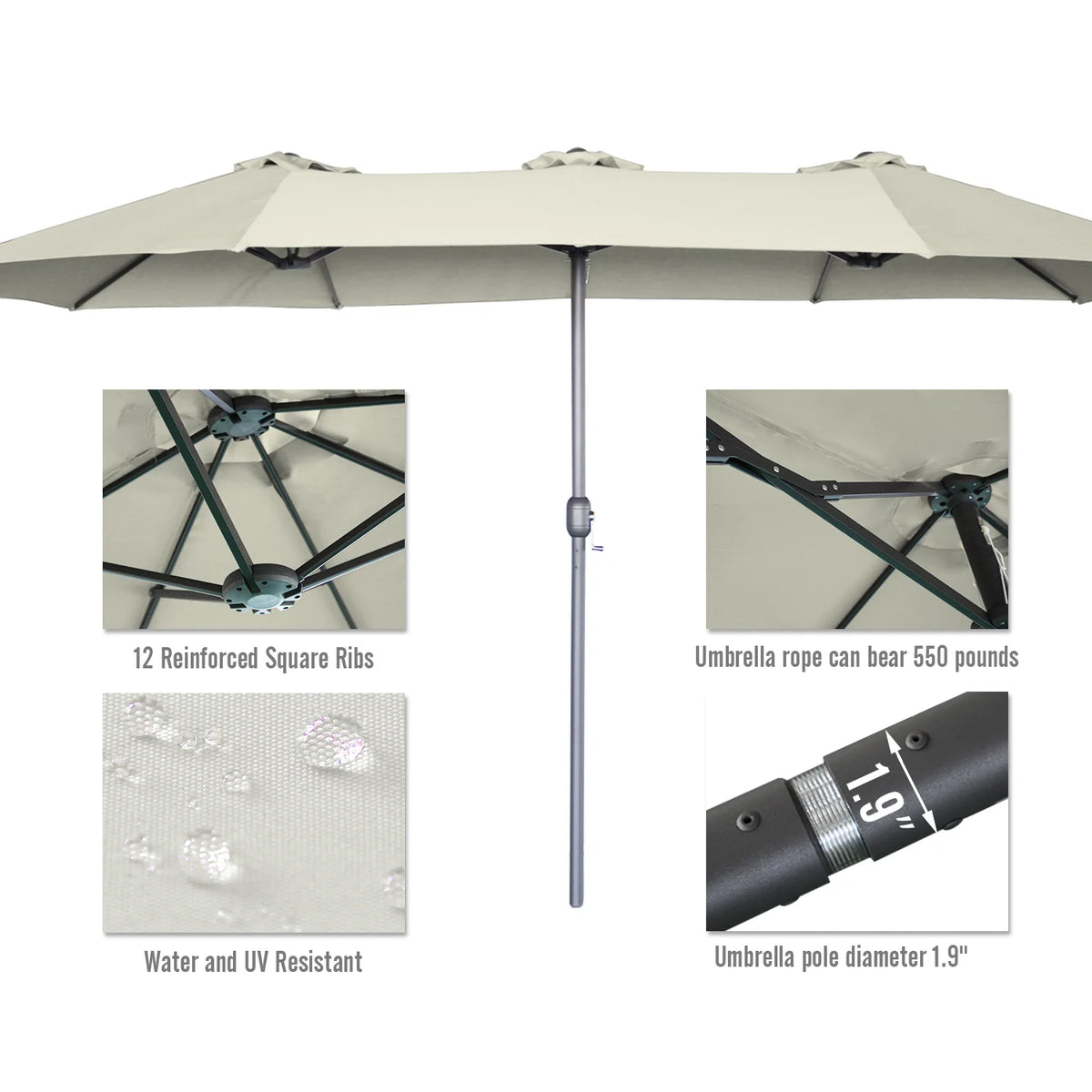 AECOJOY 15x9ft Double-Sided Patio Umbrella, Ivory - Product image 6