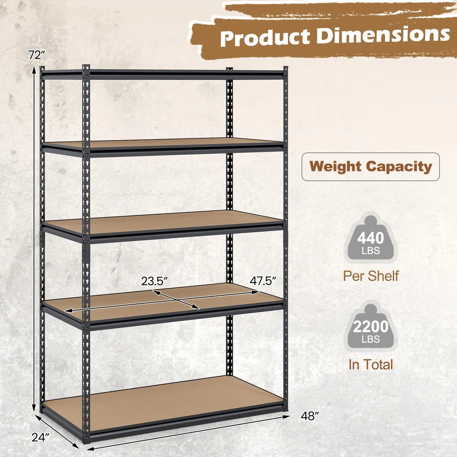 Giantex 5-Tier Metal Storage Shelves w/Adjustable Utility Rack (48" W x 24" D x 72" H) - Product image 3