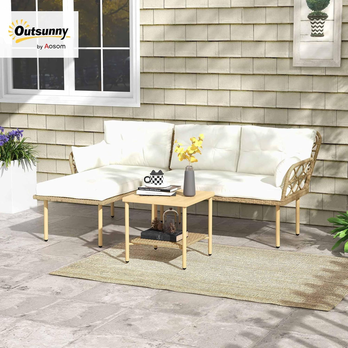 Outsunny Outdoor Garden Furniture Set for 4 People 3 Pieces with 1 Coffee Table Great Comfort Cushions Included Cream Woven Resin