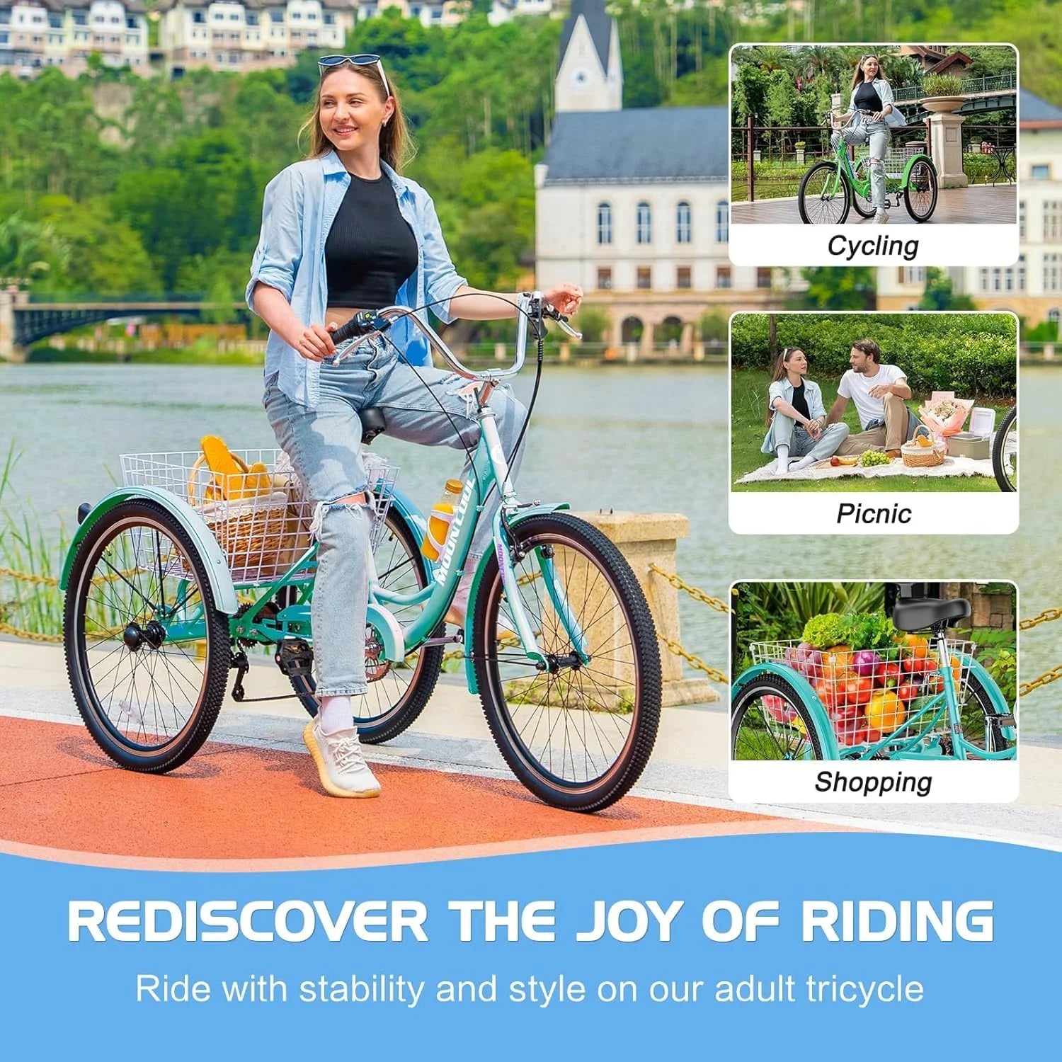 MOONCOOL Adult Tricycles with Rear Basket & Inflator, 24 26 in 7 Speed 3 Wheel Bikes, Three - Wheeled Bicycles Adult Trike with Backrest for Seniors, Women, Men