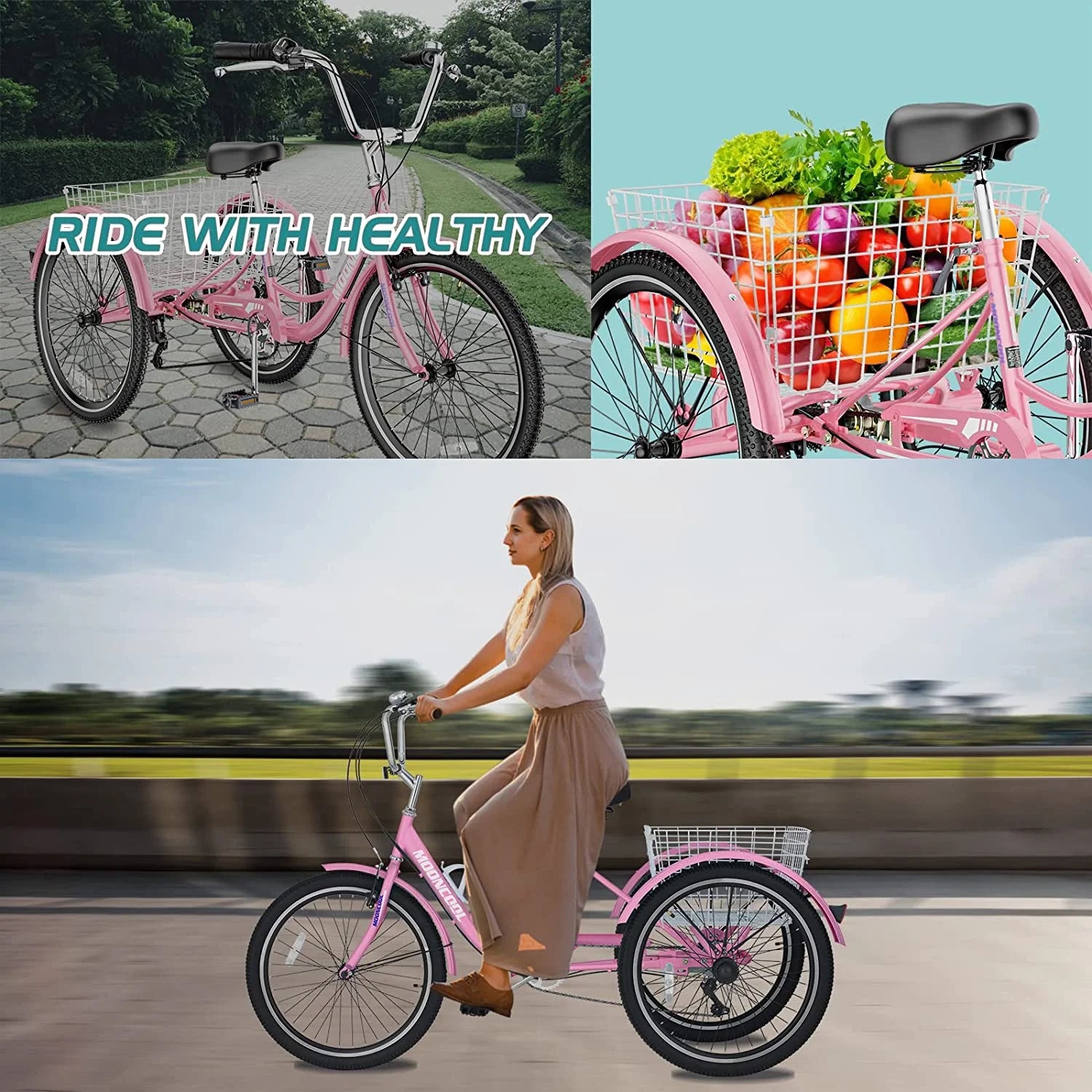 MOONCOOL Adult Tricycles with Rear Basket & Inflator, 24 26 in 7 Speed 3 Wheel Bikes, Three - Wheeled Bicycles Adult Trike with Backrest for Seniors, Women, Men