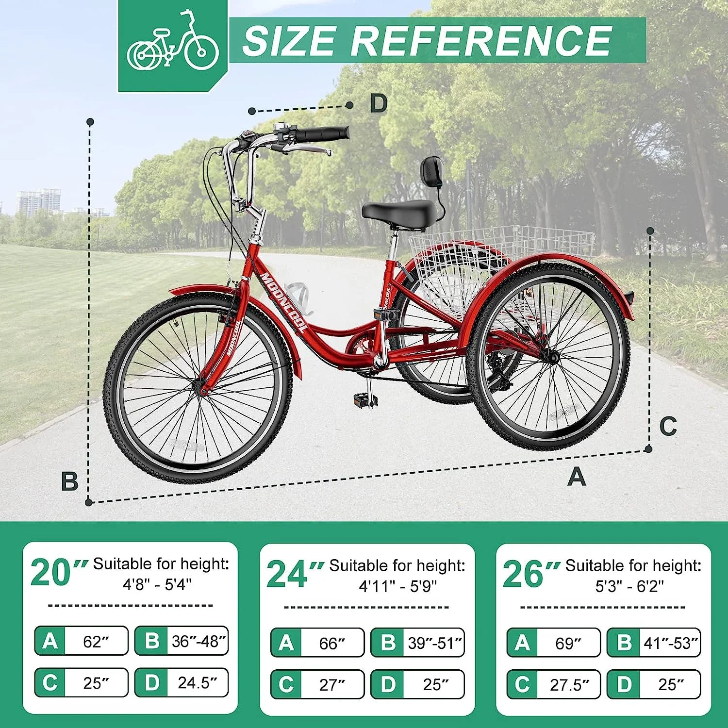 MOONCOOL Adult Tricycles with Rear Basket & Inflator, 24 26 in 7 Speed 3 Wheel Bikes, Three - Wheeled Bicycles Adult Trike with Backrest for Seniors, Women, Men