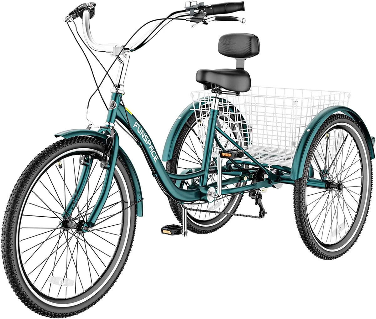MOONCOOL Adult Tricycles with Rear Basket & Inflator, 24 26 in 7 Speed 3 Wheel Bikes, Three - Wheeled Bicycles Adult Trike with Backrest for Seniors, Women, Men