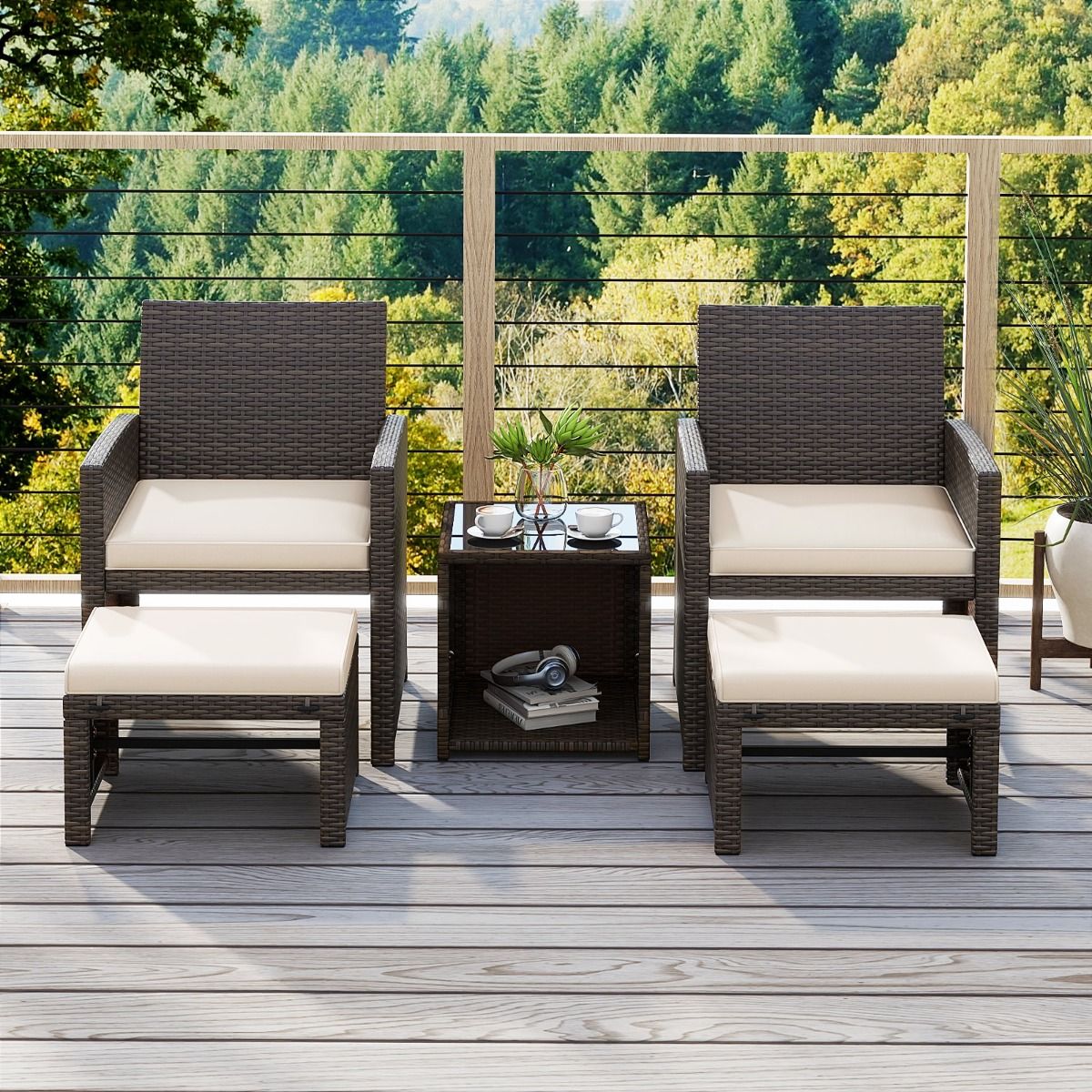 Living Room Furniture Set 5PCS PE Rattan Garden Furniture Set with Cushion for Balcony Swimming Pool Terrace Grey/White -