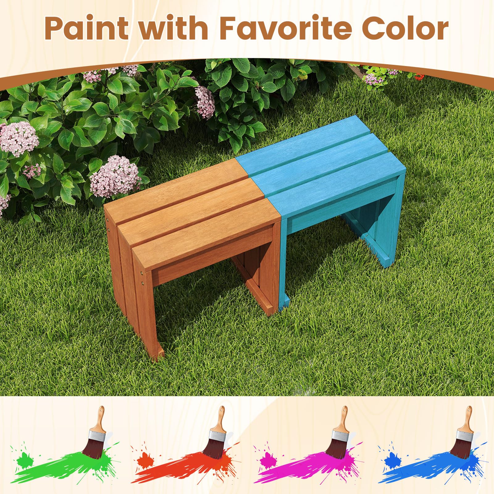Tangkula Small Wood Outdoor Bench | Patio Backless Bench with Solid Wooden Frame