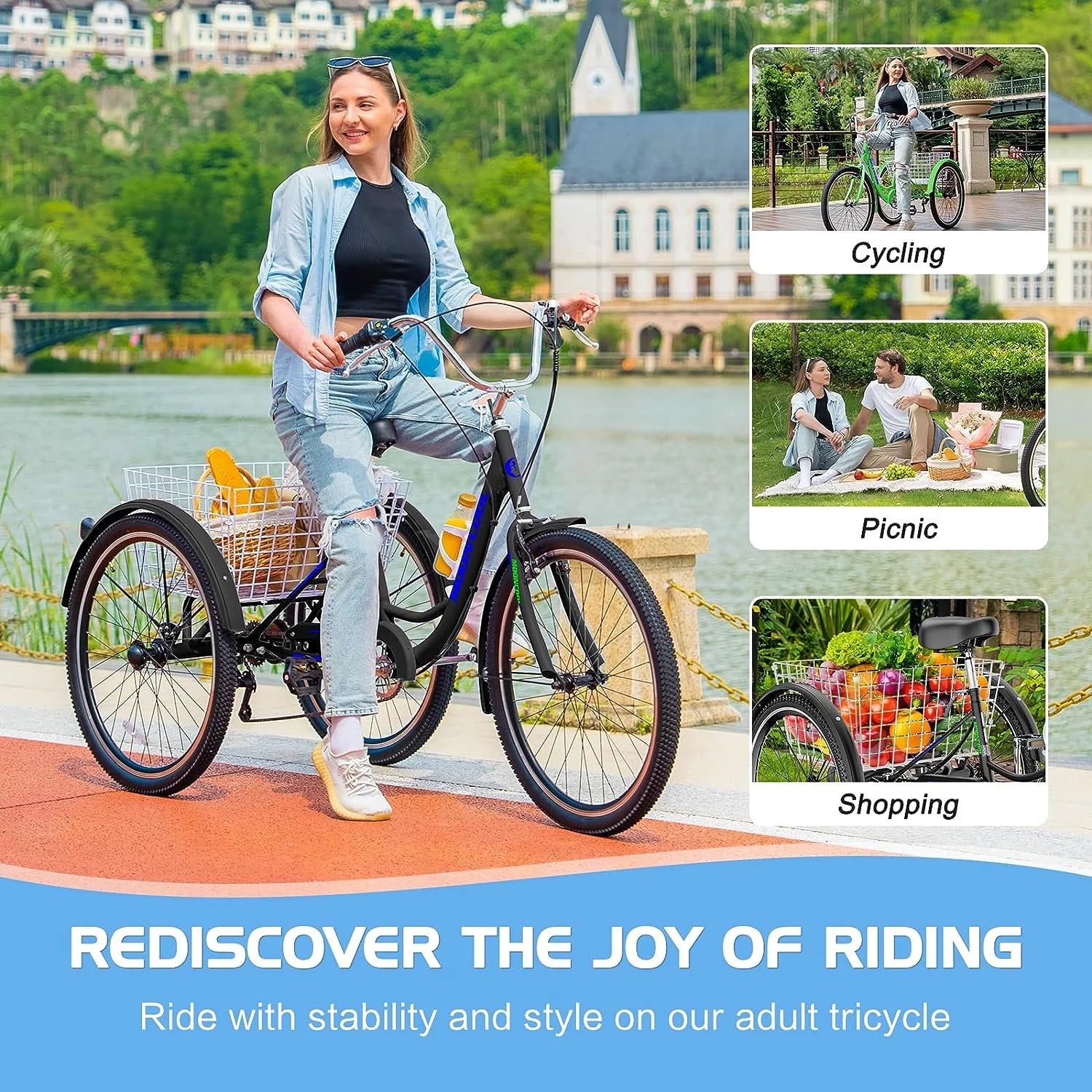 MOONCOOL Adult Tricycles with Rear Basket & Inflator, 24 26 in 7 Speed 3 Wheel Bikes, Three - Wheeled Bicycles Adult Trike with Backrest for Seniors, Women, Men