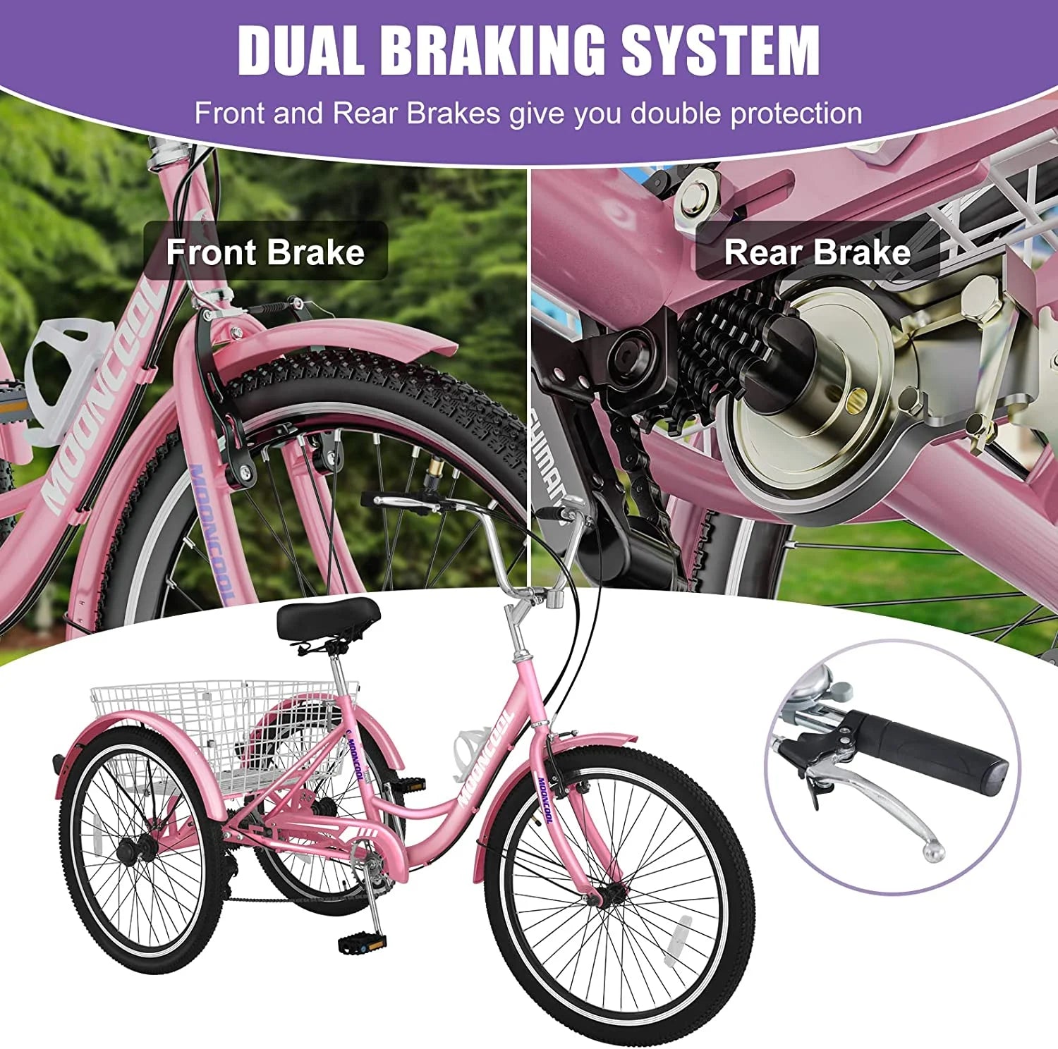 MOONCOOL Adult Tricycles with Rear Basket & Inflator, 24 26 in 7 Speed 3 Wheel Bikes, Three - Wheeled Bicycles Adult Trike with Backrest for Seniors, Women, Men