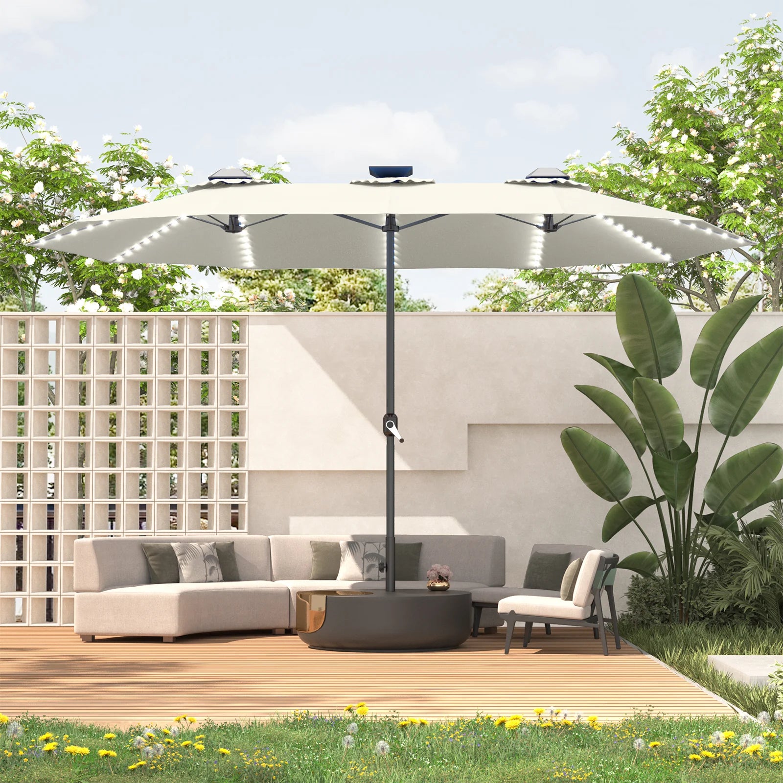 AECOJOY 15ft Patio Double-Sided Umbrella, 156 PCS Solar LED Light Outdoor Large Umbrella, Ivory - Product image 10