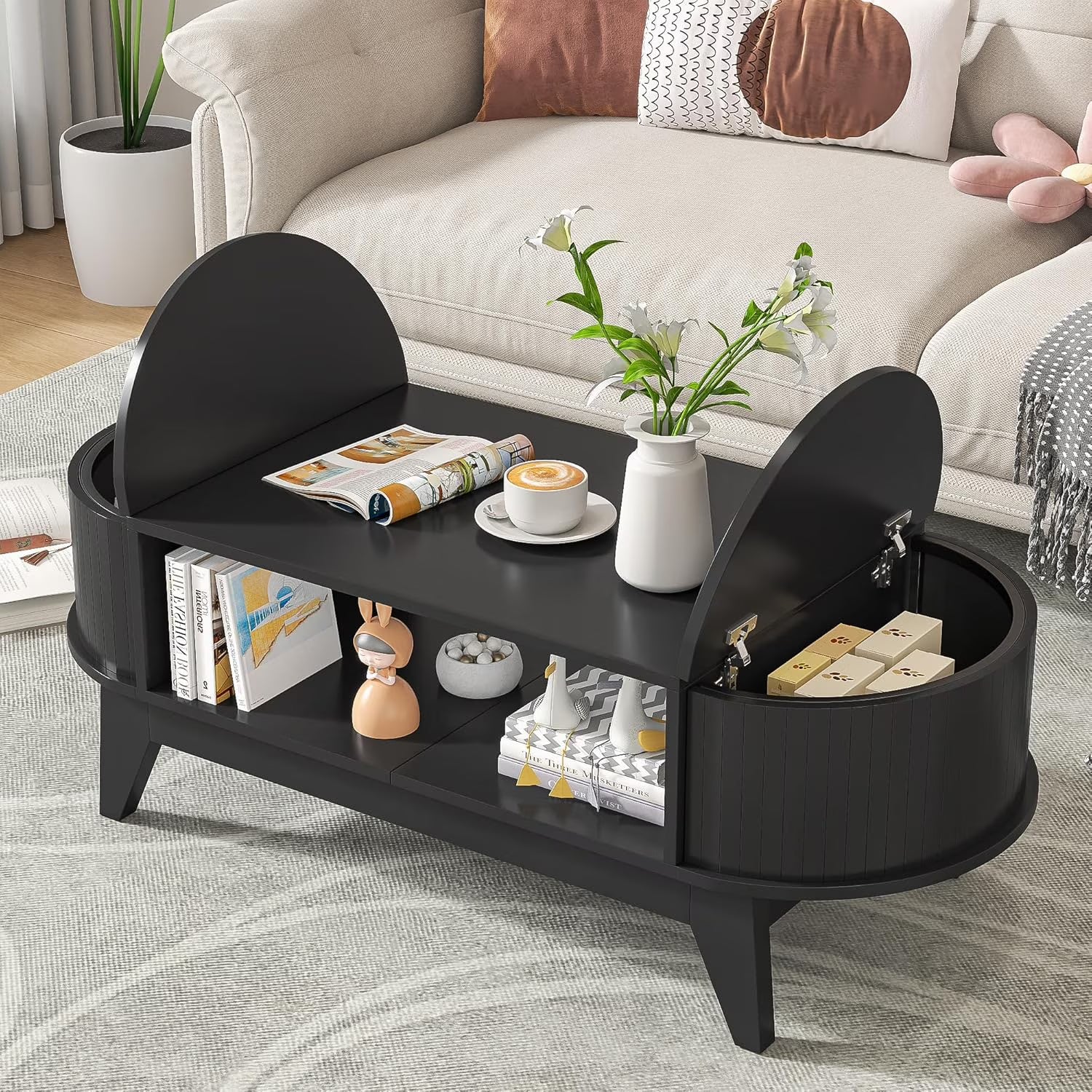 Fluted Coffee Table with Storage, Modern Coffee Tables, Wood Accent Center Table - Product image 3