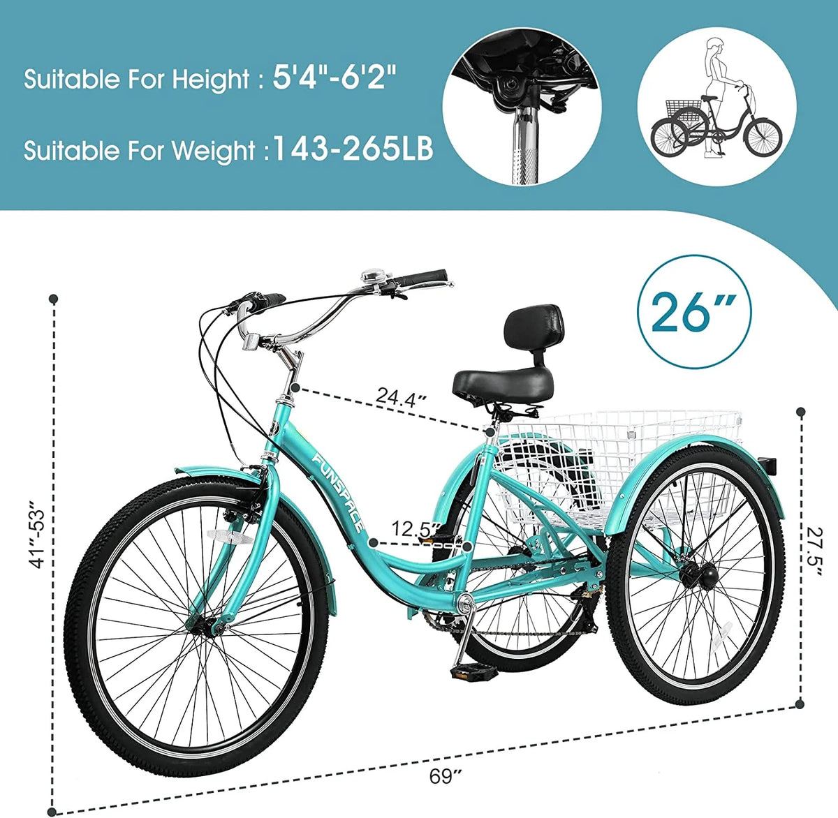 MOONCOOL Adult Tricycles with Rear Basket & Inflator, 24 26 in 7 Speed 3 Wheel Bikes, Three - Wheeled Bicycles Adult Trike with Backrest for Seniors, Women, Men