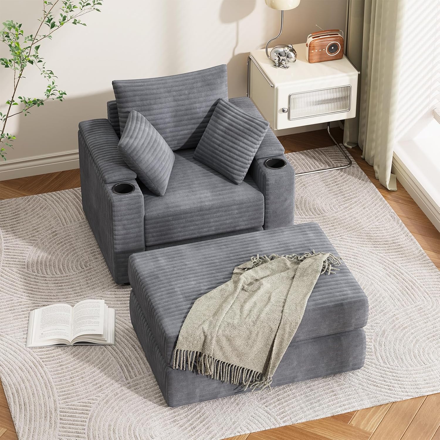 AECOJOY Chaise Lounge Chair Indoor, Oversized Sleeper Chair with Ottoman, Comfy Reading Sofa Armchair