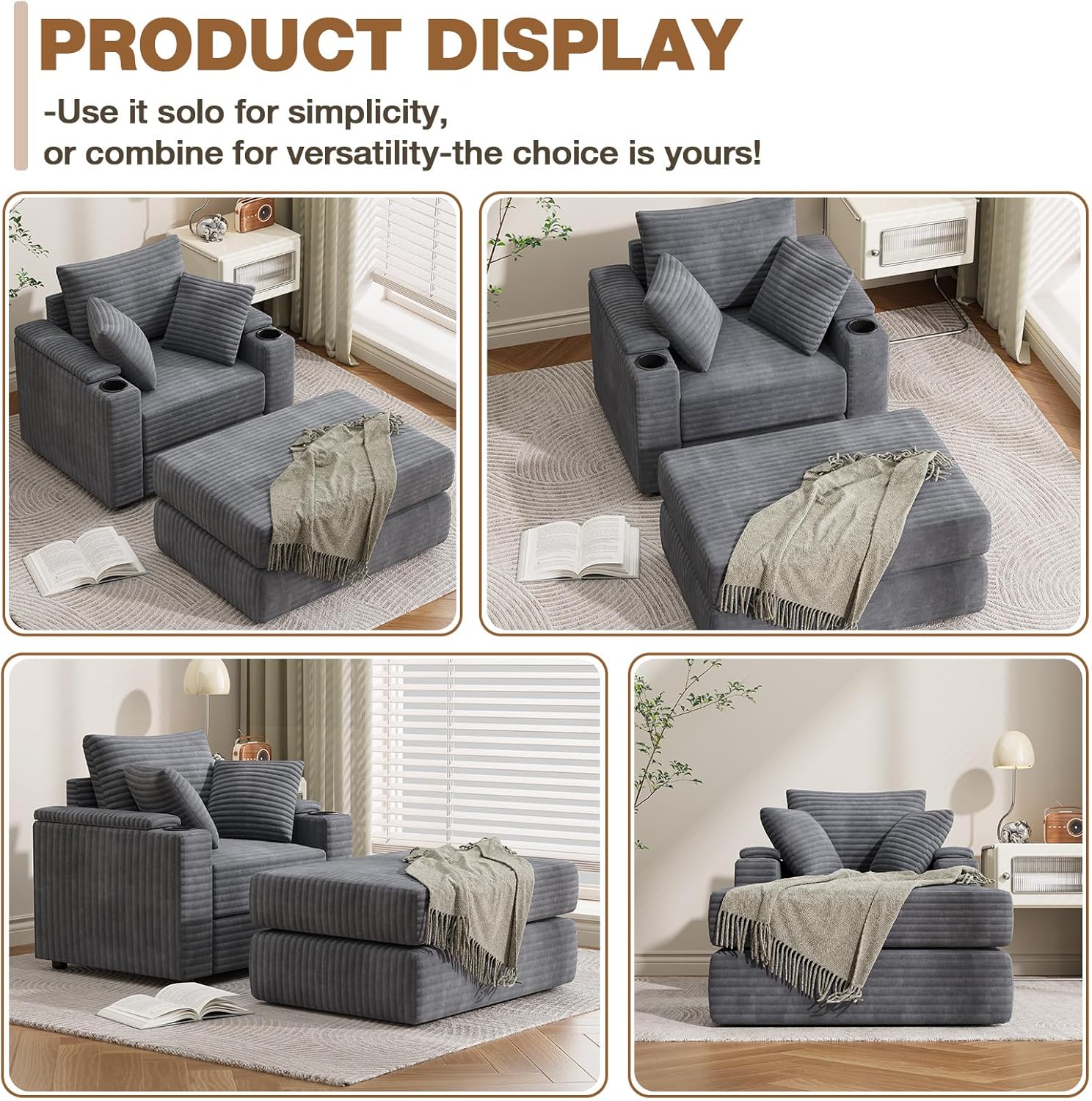 AECOJOY Chaise Lounge Chair Indoor, Oversized Sleeper Chair with Ottoman, Comfy Reading Sofa Armchair