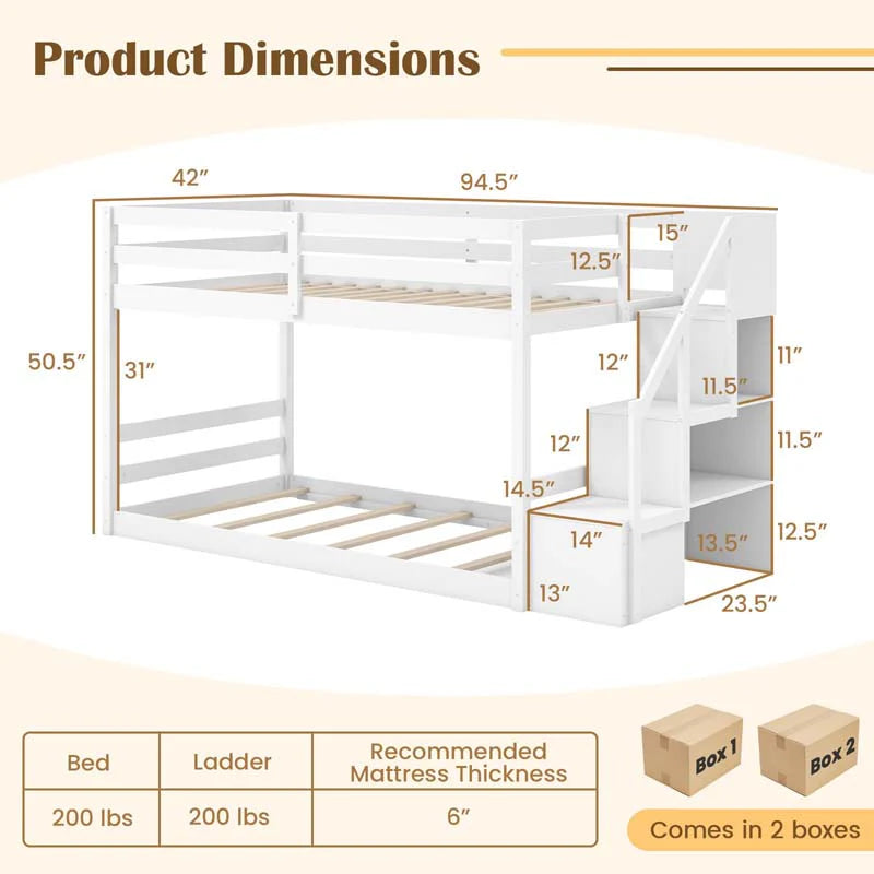 Twin Over Twin Bunk Bed with Storage Stairs, Solid Wood Floor Bunk Bed with Full-Length Guardrails - Product image 9