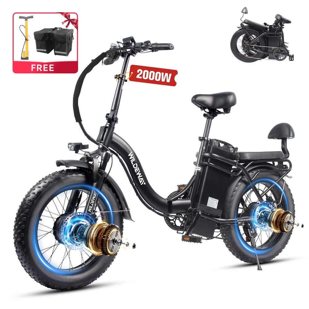 Wildeway Folding Dual Motors 2000W Mountain Bike for Adult, UL2849 48V 32AH Removable Battery Ebike 20x4"fat Tire up to 28MPH&100 Miles Long