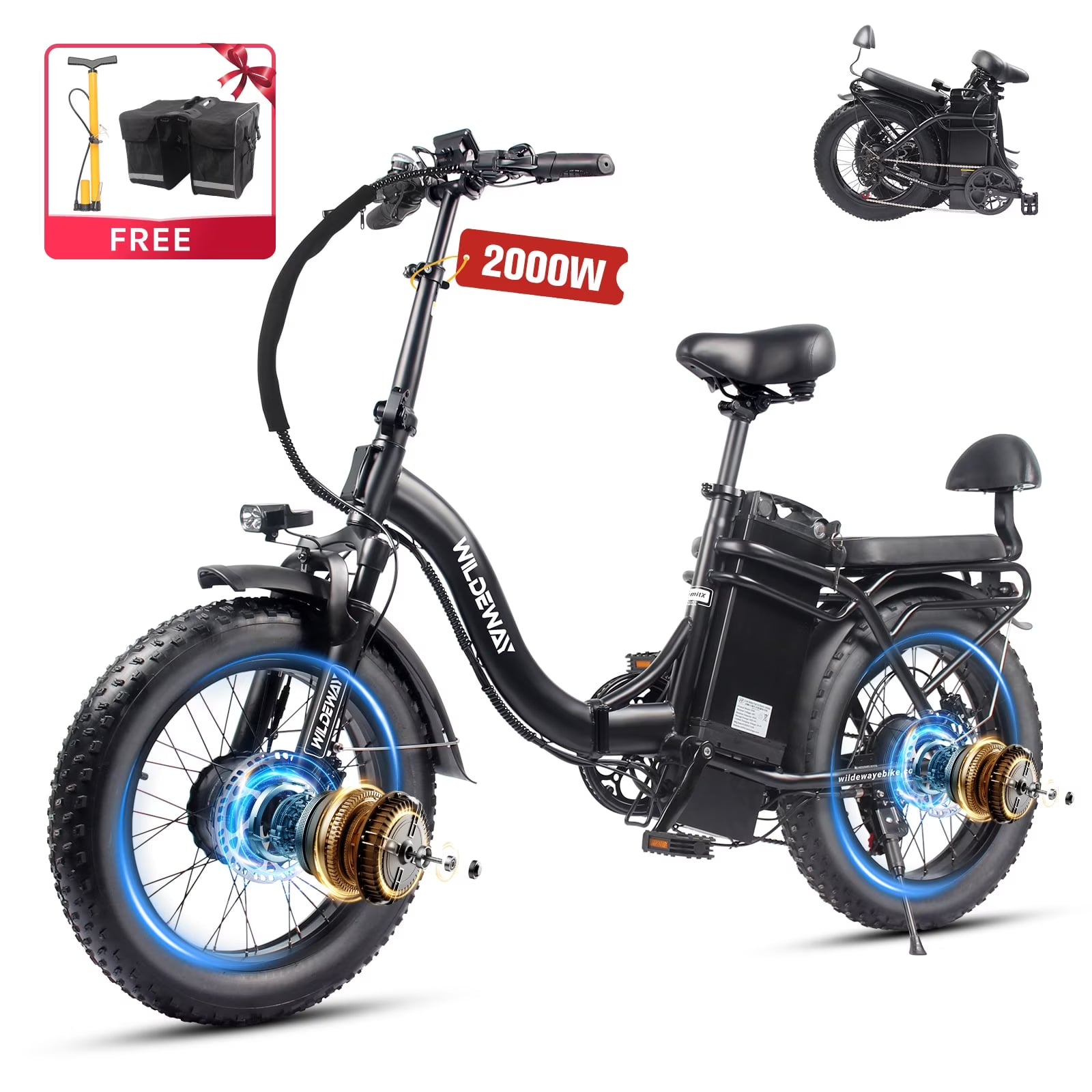 Wildeway Folding Dual Motors 2000W Mountain Bike for Adult, UL2849 48V 32AH Removable Battery Ebike - Product image 1