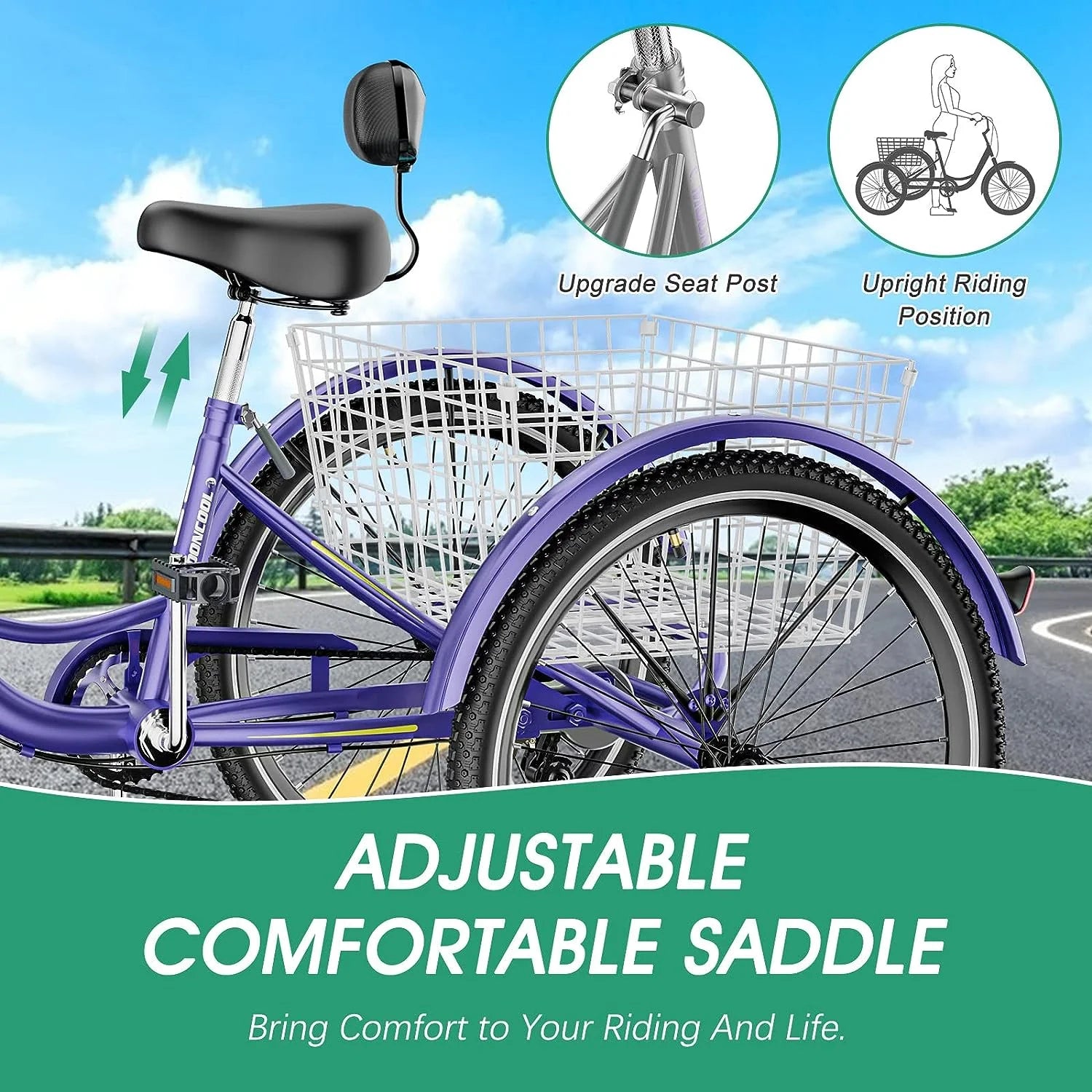 MOONCOOL Adult Tricycles with Rear Basket & Inflator, 24 26 in 7 Speed 3 Wheel Bikes, Three - Wheeled Bicycles Adult Trike with Backrest for Seniors, Women, Men