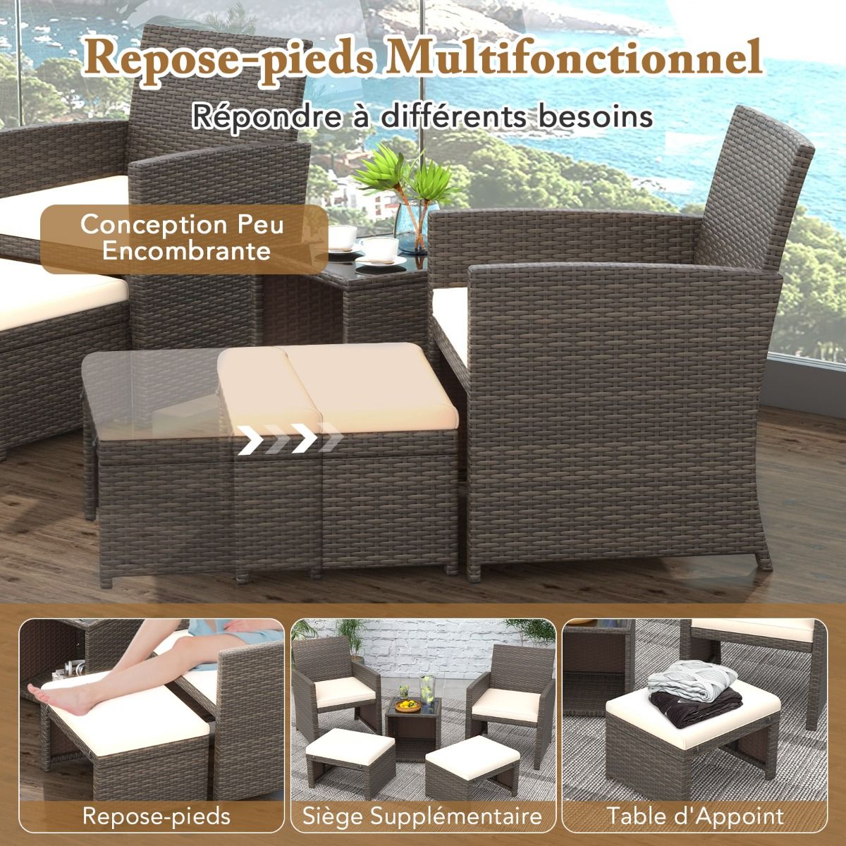 Living Room Furniture Set 5PCS PE Rattan Garden Furniture Set with Cushion for Balcony Swimming Pool Terrace Grey/White -