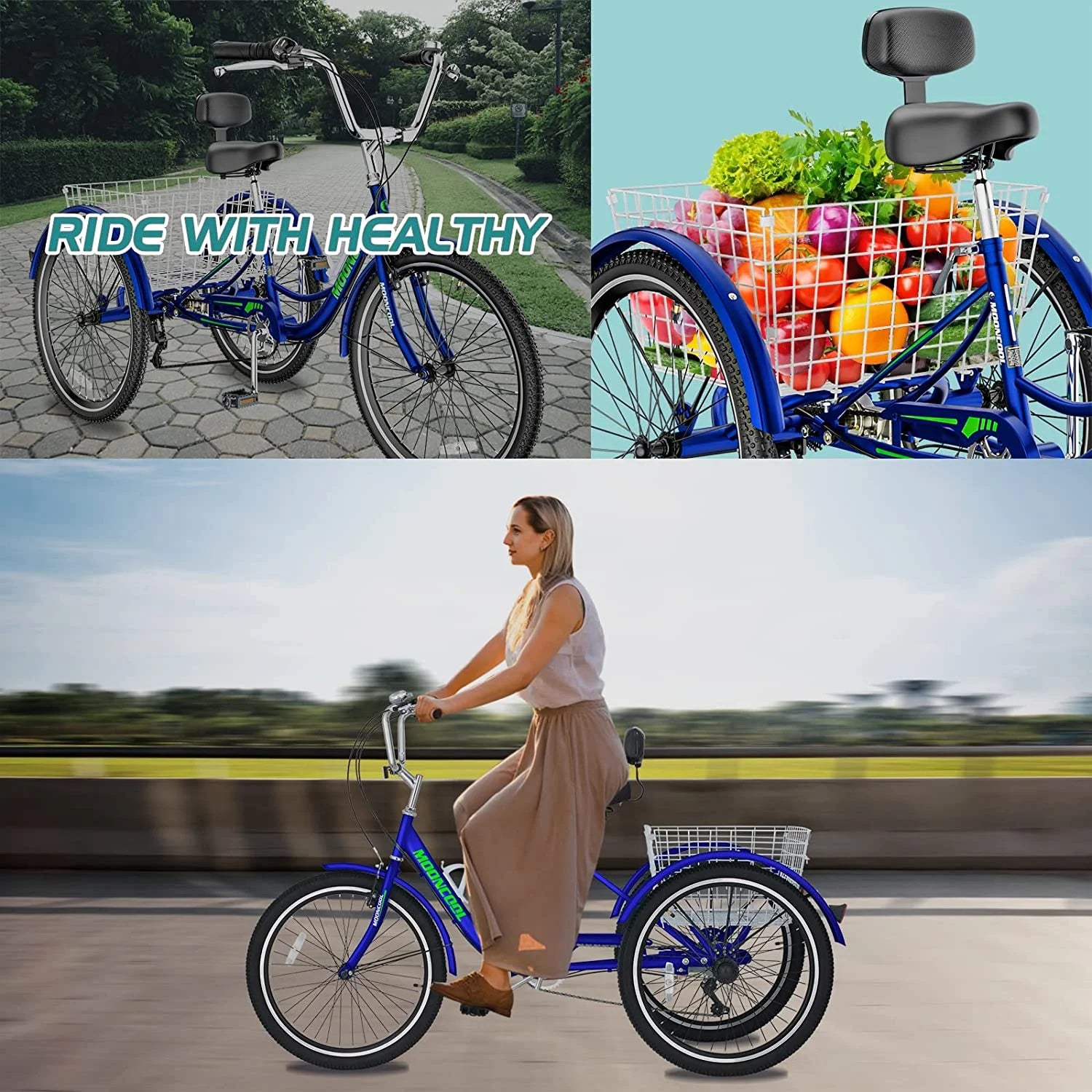 MOONCOOL Adult Tricycles with Rear Basket & Inflator, 24 26 in 7 Speed 3 Wheel Bikes, Three - Wheeled Bicycles Adult Trike with Backrest for Seniors, Women, Men