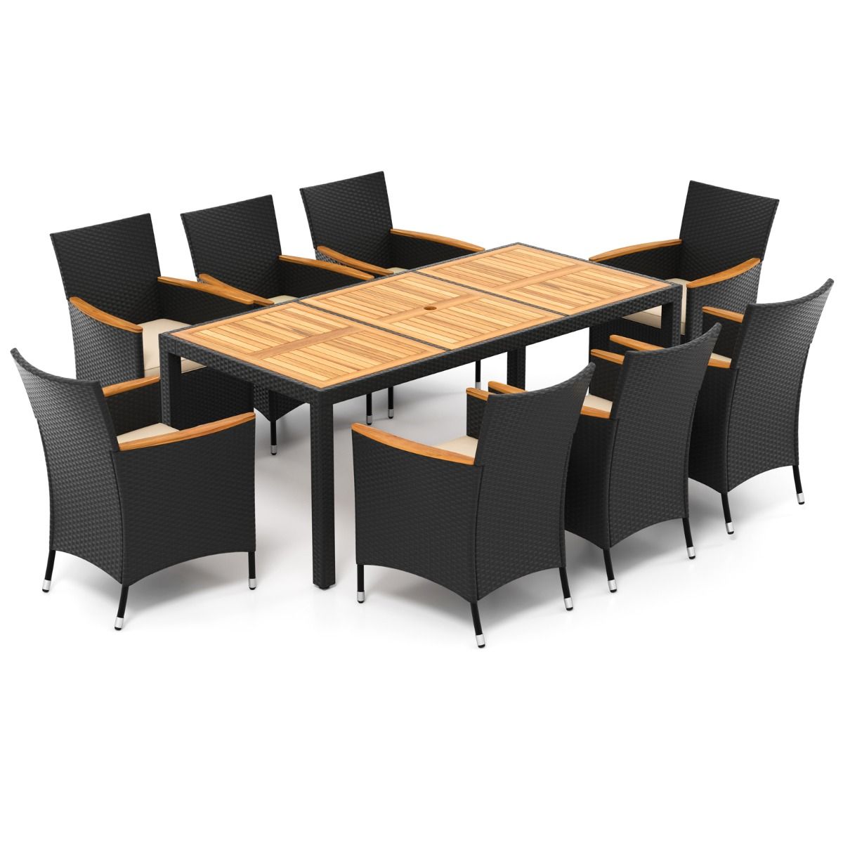 Rattan Garden Furniture Set 9 Pieces Acacia Table Top Dining Room Set with Removable Cushions Hole Load 180KG Beige+Black -