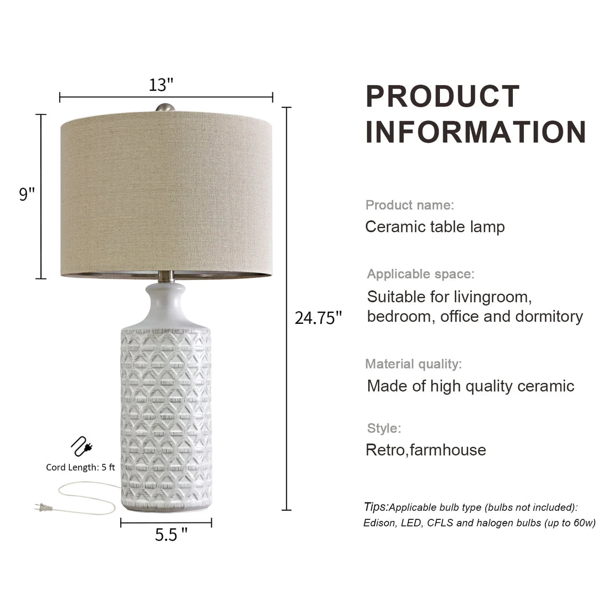 Oneach Ceramic Table Lamps for Living Room 24.75" Modern Farmhouse Bedside Nightstand Lamp Set of 2 for - Product image 6