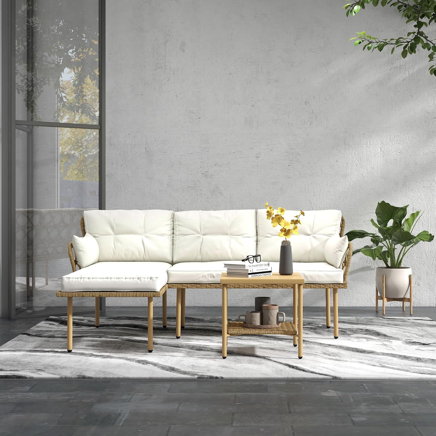 Outsunny Outdoor Garden Furniture Set for 4 People 3 Pieces with 1 Coffee Table Great Comfort Cushions Included Cream Woven Resin