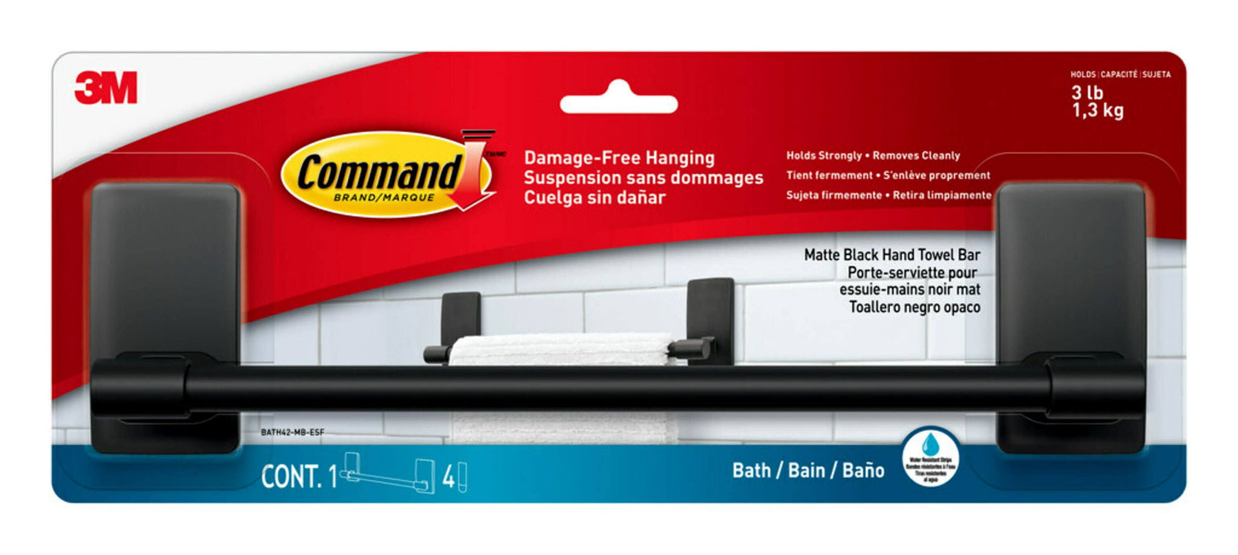 Command Bath Towel Bar Matte Black, Bathroom Organization - Product image 1