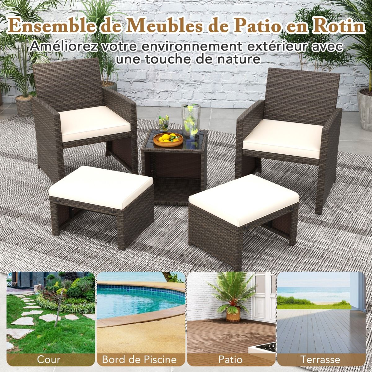 Living Room Furniture Set 5PCS PE Rattan Garden Furniture Set with Cushion for Balcony Swimming Pool Terrace Grey/White -