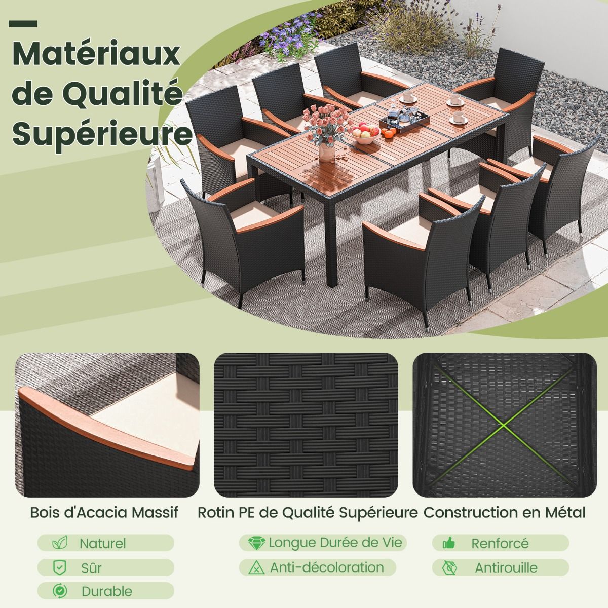 Rattan Garden Furniture Set 9 Pieces Acacia Table Top Dining Room Set with Removable Cushions Hole Load 180KG Beige+Black -