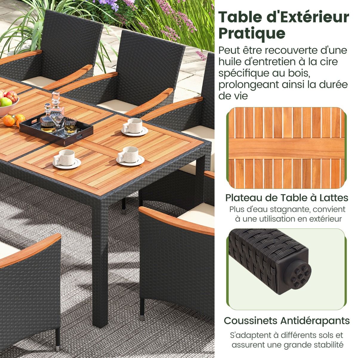 Rattan Garden Furniture Set 9 Pieces Acacia Table Top Dining Room Set with Removable Cushions Hole Load 180KG Beige+Black -
