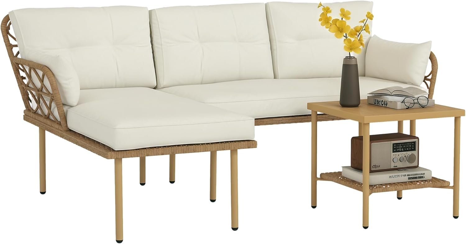 Outsunny Outdoor Garden Furniture Set for 4 People 3 Pieces with 1 Coffee Table Great Comfort Cushions Included Cream Woven Resin