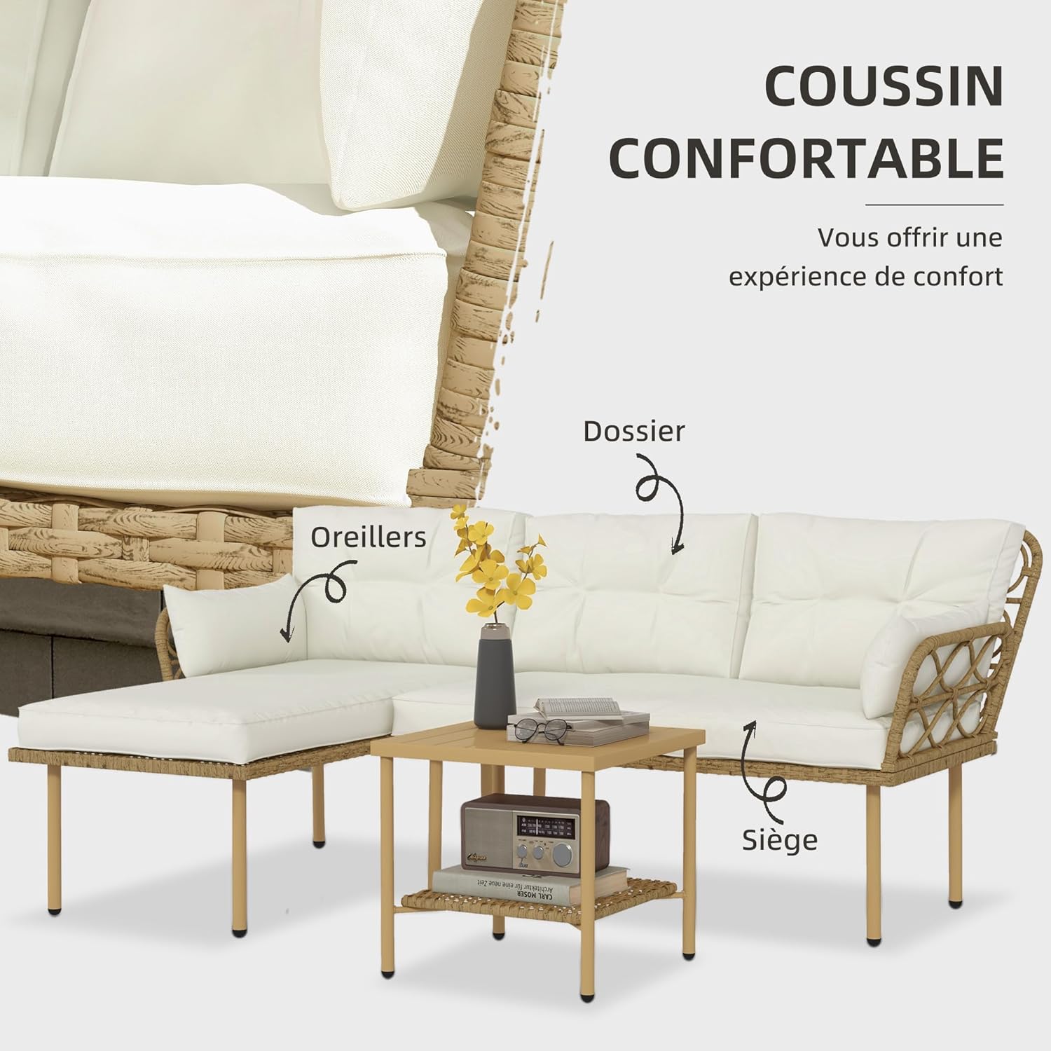 Outsunny Outdoor Garden Furniture Set for 4 People 3 Pieces with 1 Coffee Table Great Comfort Cushions Included Cream Woven Resin