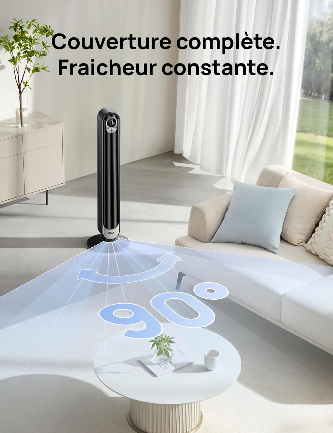 Dreo Quiet Tower Fan, Powerful Speed ​​7.92 m/s, 106cm Tower Fans with Remote Control, 6 Speeds, 4 Modes, 12H Timer, 90° Oscillating for Large Bedroom