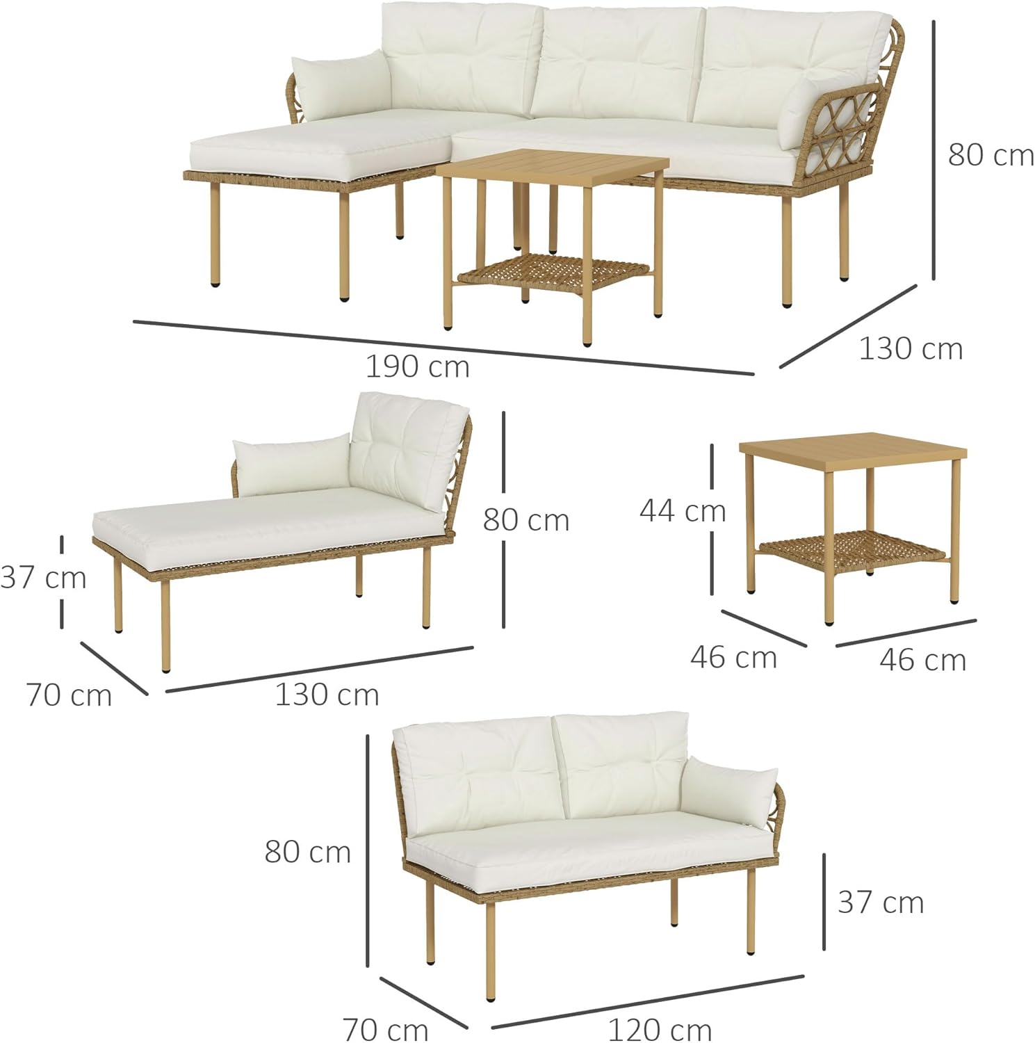Outsunny Outdoor Garden Furniture Set for 4 People 3 Pieces with 1 Coffee Table Great Comfort Cushions Included Cream Woven Resin