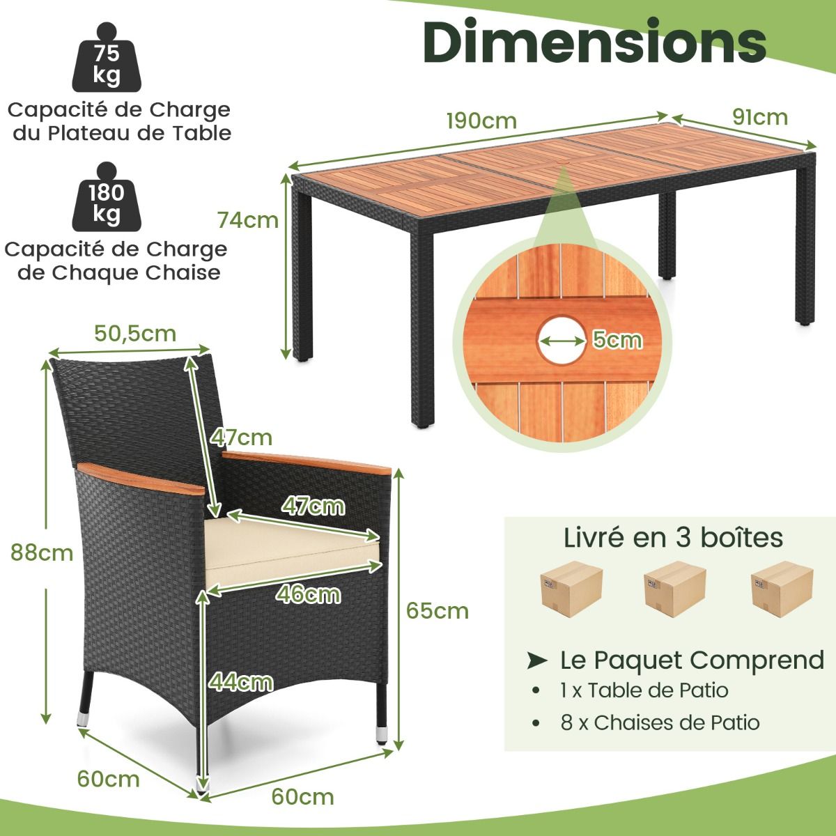 Rattan Garden Furniture Set 9 Pieces Acacia Table Top Dining Room Set with Removable Cushions Hole Load 180KG Beige+Black -