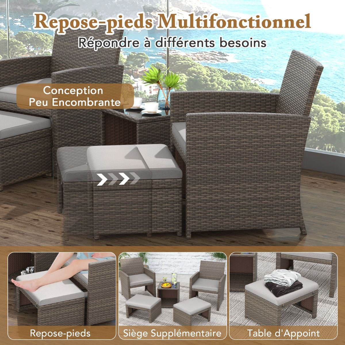 Living Room Furniture Set 5PCS PE Rattan Garden Furniture Set with Cushion for Balcony Swimming Pool Terrace Grey/White -