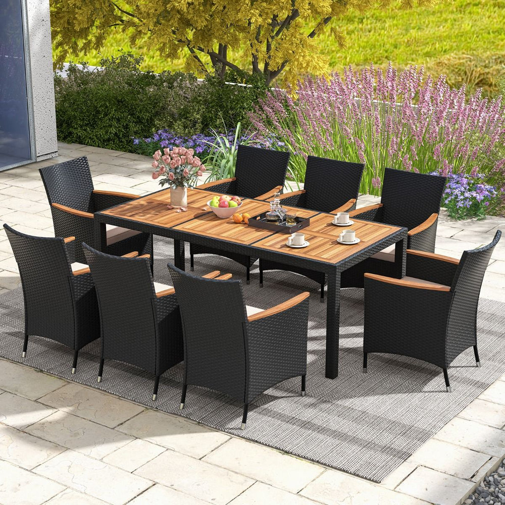Rattan Garden Furniture Set 9 Pieces Acacia Table Top Dining Room Set with Removable Cushions Hole Load 180KG Beige+Black