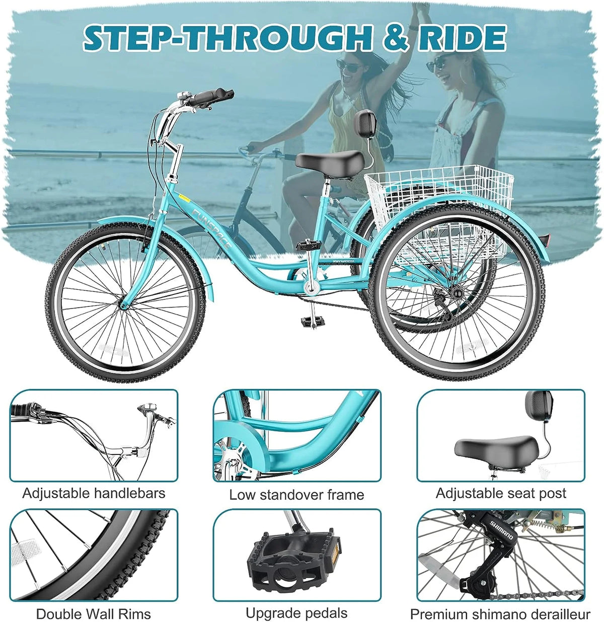 MOONCOOL Adult Tricycles with Rear Basket & Inflator, 24 26 in 7 Speed 3 Wheel Bikes, Three - Wheeled Bicycles Adult Trike with Backrest for Seniors, Women, Men