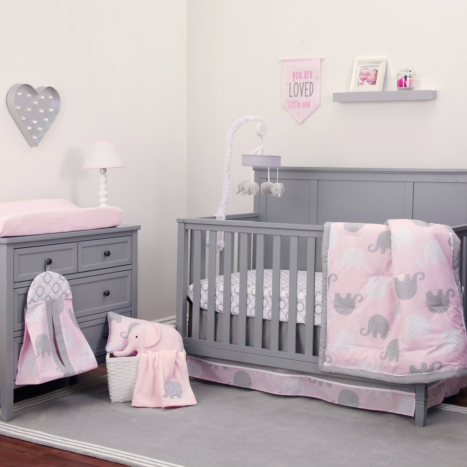 NoJo Dreamer Elephant 8-Piece Crib Bedding Set in Pink/Grey - Product image 1