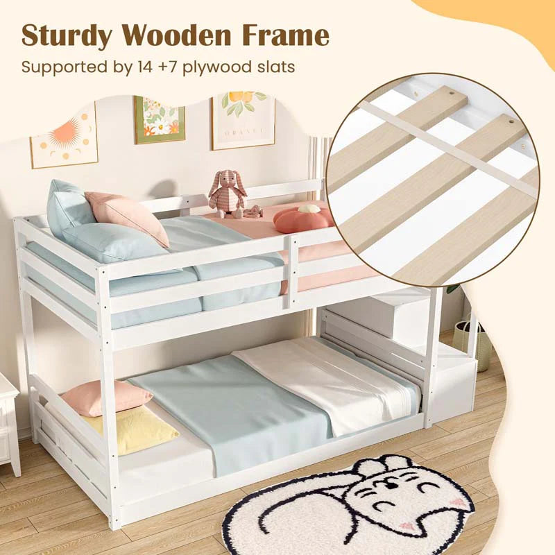 Twin Over Twin Bunk Bed with Storage Stairs, Solid Wood Floor Bunk Bed with Full-Length Guardrails - Product image 7