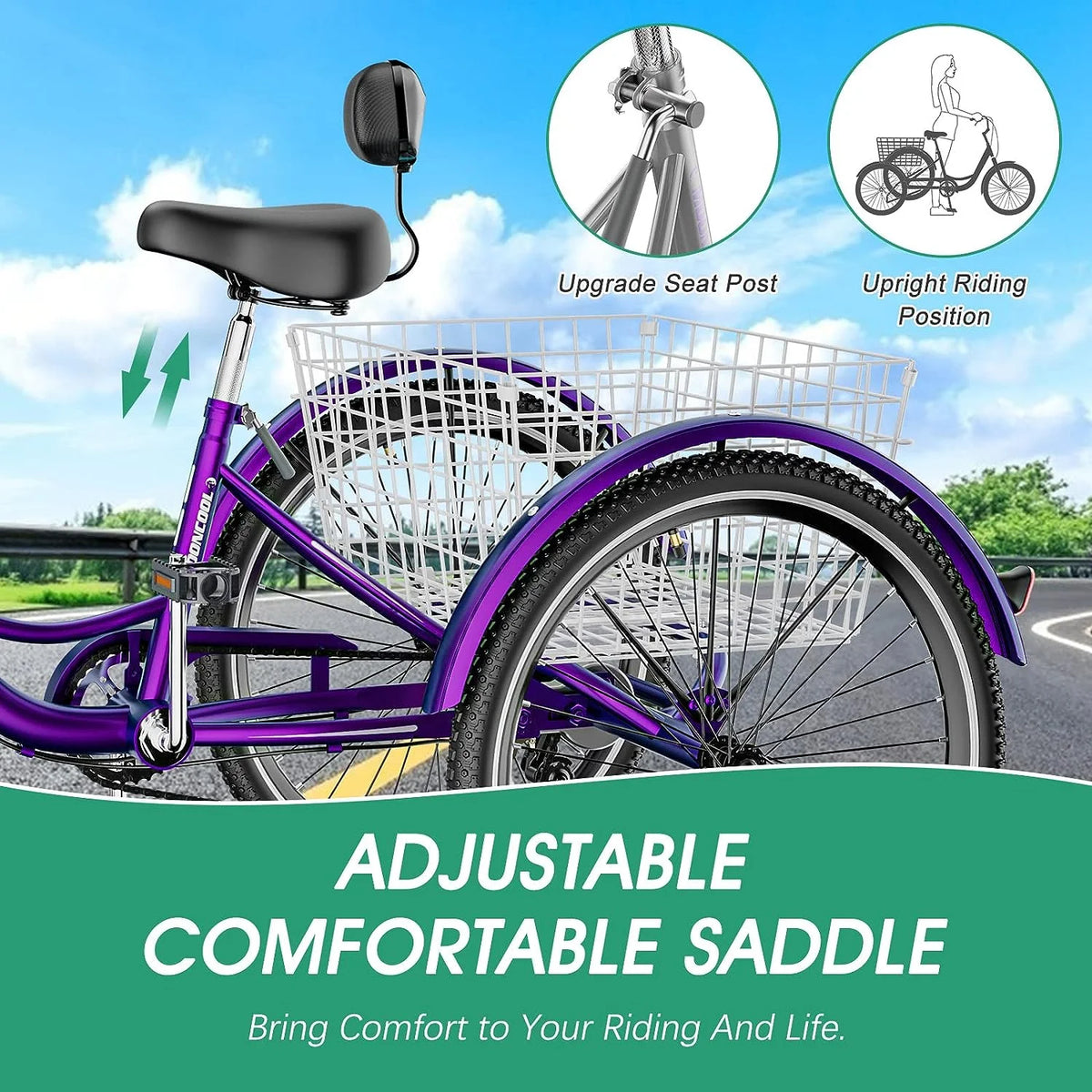 MOONCOOL Adult Tricycles with Rear Basket & Inflator, 24 26 in 7 Speed 3 Wheel Bikes, Three - Wheeled Bicycles Adult Trike with Backrest for Seniors, Women, Men