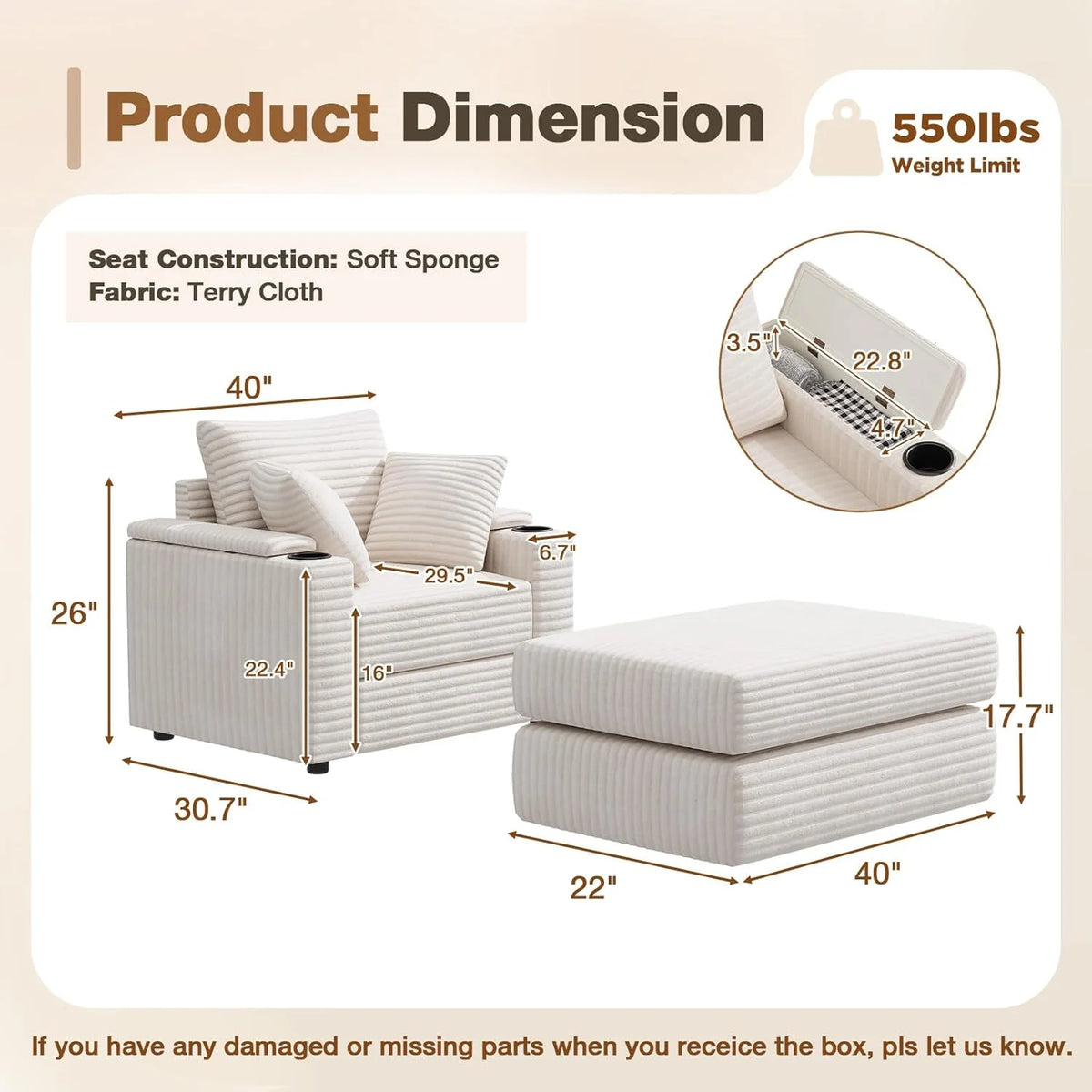 AECOJOY Chaise Lounge Chair Indoor, Oversized Sleeper Chair with Ottoman, Comfy Reading Sofa Armchair