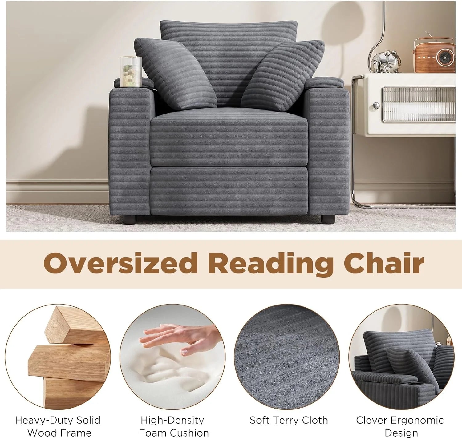 AECOJOY Chaise Lounge Chair Indoor, Oversized Sleeper Chair with Ottoman, Comfy Reading Sofa Armchair