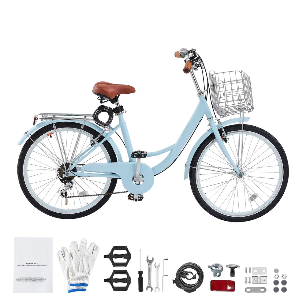 KFFKFF 24" Cruiser Bike, 7 - Speed, Sky Blue Coastal Cycle with Spacious Basket and Back Stand, Reliable & Robust Leisure Bicycle with Modifiable Saddle