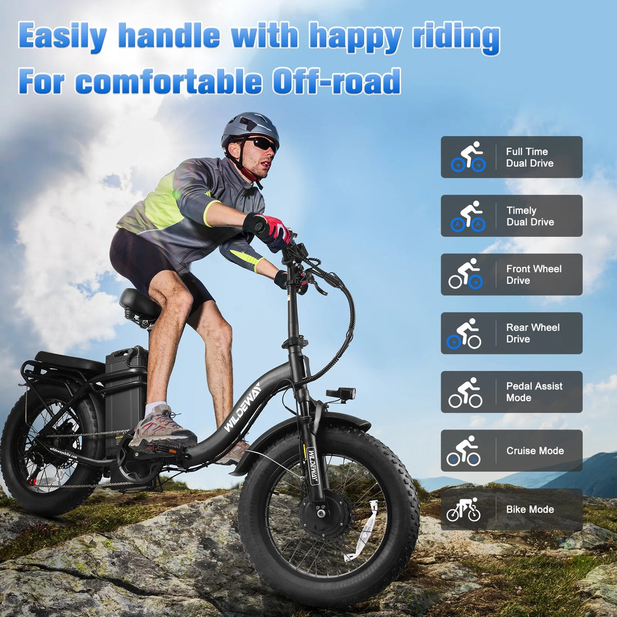 Wildeway Folding Dual Motors 2000W Mountain Bike for Adult, UL2849 48V 32AH Removable Battery Ebike - Product image 4
